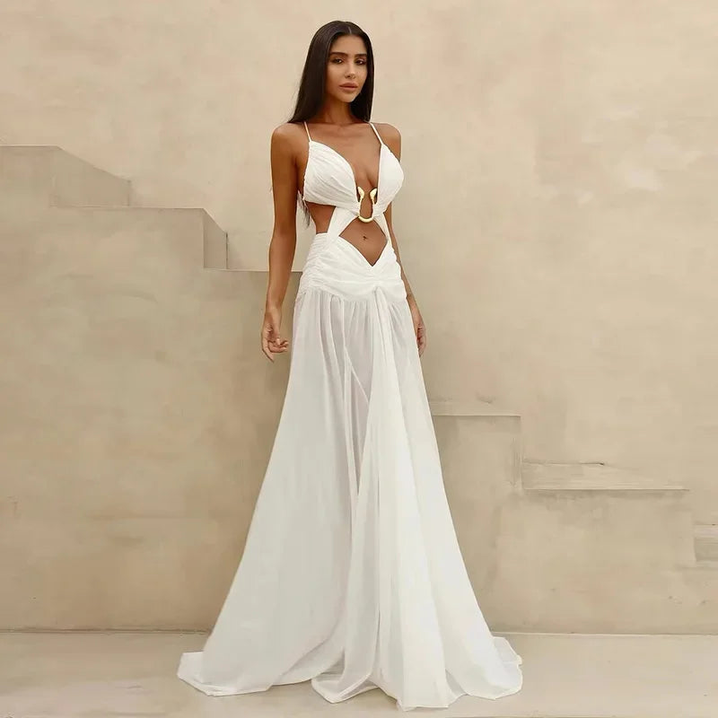 Sexy Hollow Out Party Dress Sleeveless Backless Mesh Maxi Female Evening Dresses 2026 Spring Summer Club Beach Slip Lady Robe