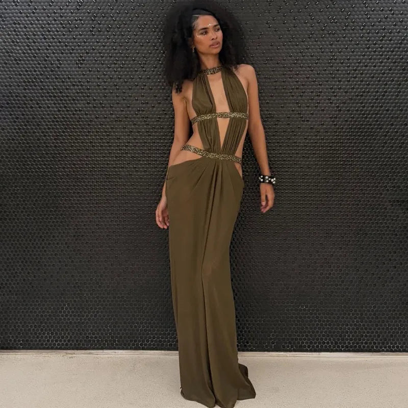 Chaxiaoa Sequin Patchwork Hollow Dress Women 2026 Fashion Sexy Halter Backless Ruched Elegant Trend Vacation Party Club Bodycon