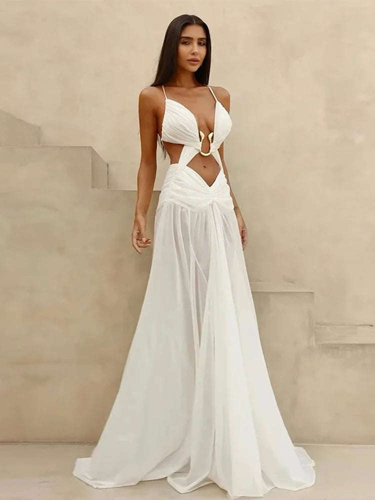 Sexy Hollow Out Party Dress Sleeveless Backless Mesh Maxi Female Evening Dresses 2026 Spring Summer Club Beach Slip Lady Robe